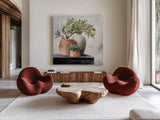Calm Still Life Dark I by Julia Purinton. Shown as extra-large giant wall art in a modern living room. Available as an archival giclee rolled canvas, fine art paper, or poster print. SKU 83018a.