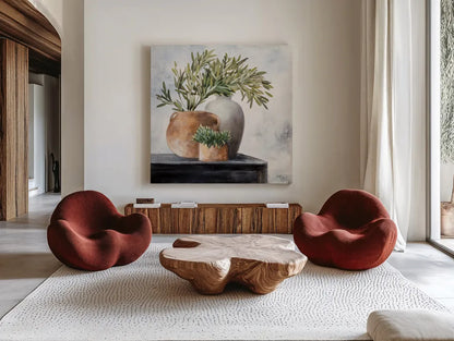 Calm Still Life Dark I by Julia Purinton. Shown as extra-large giant wall art in a modern living room. Available as an archival giclee rolled canvas, fine art paper, or poster print. SKU 83018a.