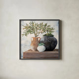 Calm Still Life Dark II by Julia Purinton. Shown in a sleek black glass frame for a contemporary gallery look. Available as an archival giclee rolled canvas, fine art paper, or poster print. SKU 83019a.