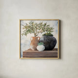 Calm Still Life Dark II by Julia Purinton. Shown in a natural wood glass frame for a timeless modern aesthetic. Available as an archival giclee rolled canvas, fine art paper, or poster print. SKU 83019a.