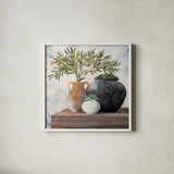 Calm Still Life Dark II by Julia Purinton. Shown in a crisp white glass frame for a clean and minimalist style. Available as an archival giclee rolled canvas, fine art paper, or poster print. SKU 83019a.