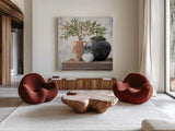 Calm Still Life Dark II by Julia Purinton. Shown as extra-large giant wall art in a modern living room. Available as an archival giclee rolled canvas, fine art paper, or poster print. SKU 83019a.