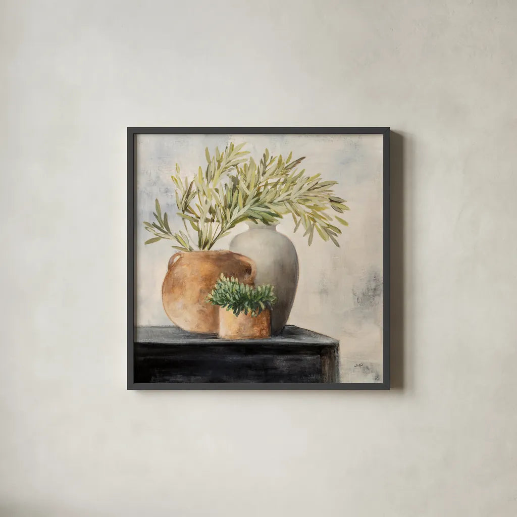Calm Still Life I by Julia Purinton. Shown in a sleek black glass frame for a contemporary gallery look. Available as an archival giclee rolled canvas, fine art paper, or poster print. SKU 81167a.