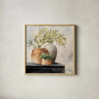 Calm Still Life I by Julia Purinton. Shown in a natural wood glass frame for a timeless modern aesthetic. Available as an archival giclee rolled canvas, fine art paper, or poster print. SKU 81167a.