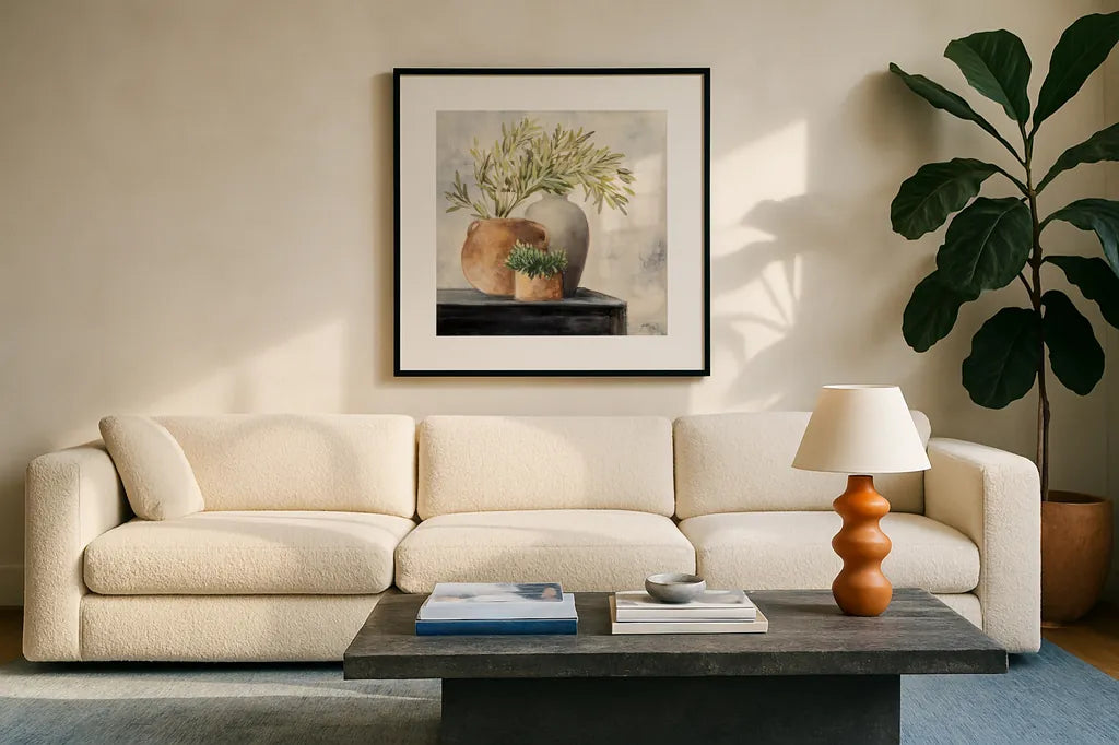 Calm Still Life I by Julia Purinton. Displayed in a glass frame with matte in a clean modern living room. Available as an archival giclee rolled canvas, fine art paper, or poster print. SKU 81167a.