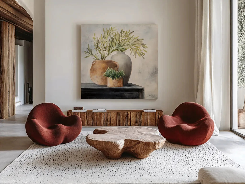 Calm Still Life I by Julia Purinton. Shown as extra-large giant wall art in a modern living room. Available as an archival giclee rolled canvas, fine art paper, or poster print. SKU 81167a.
