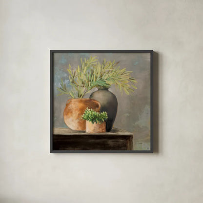 Calm Still Life I Rich by Julia Purinton. Shown in a sleek black glass frame for a contemporary gallery look. Available as an archival giclee rolled canvas, fine art paper, or poster print. SKU 81971a.