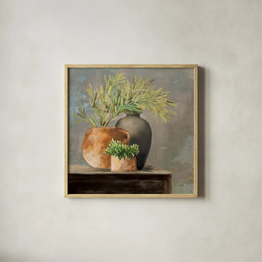 Calm Still Life I Rich by Julia Purinton. Shown in a natural wood glass frame for a timeless modern aesthetic. Available as an archival giclee rolled canvas, fine art paper, or poster print. SKU 81971a.