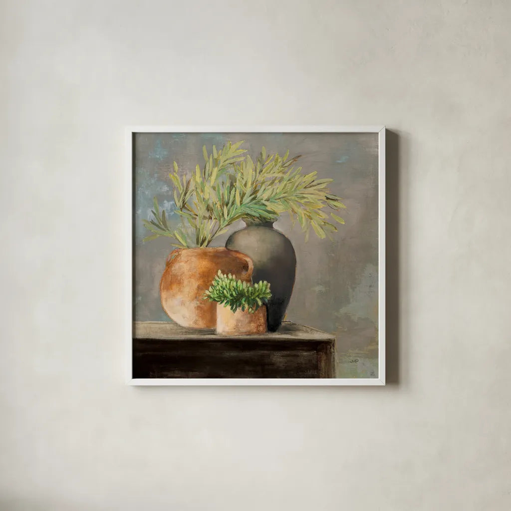 Calm Still Life I Rich by Julia Purinton. Shown in a crisp white glass frame for a clean and minimalist style. Available as an archival giclee rolled canvas, fine art paper, or poster print. SKU 81971a.