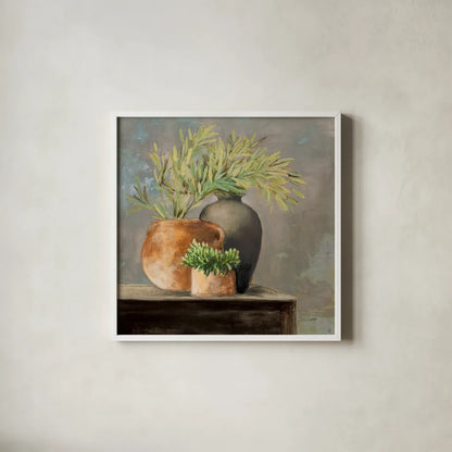 Calm Still Life I Rich by Julia Purinton. Shown in a crisp white glass frame for a clean and minimalist style. Available as an archival giclee rolled canvas, fine art paper, or poster print. SKU 81971a.