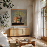 Calm Still Life I Rich by Julia Purinton. Shown in a natural wood frame in a cozy modern living room. Available as an archival giclee rolled canvas, fine art paper, or poster print. SKU 81971a.