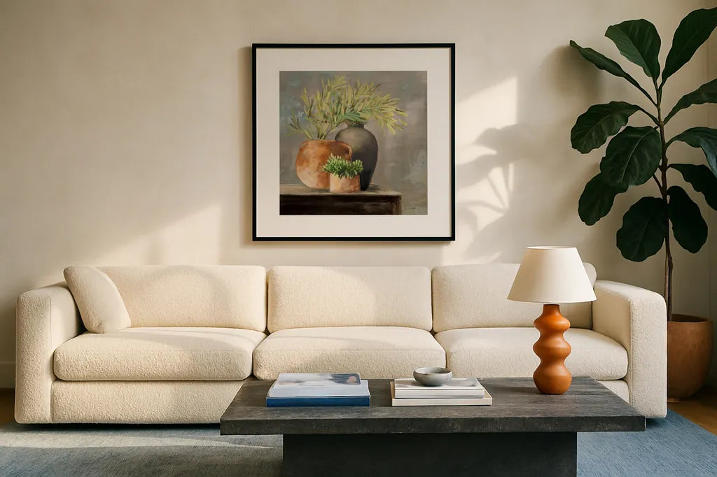 Calm Still Life I Rich by Julia Purinton. Displayed in a glass frame with matte in a clean modern living room. Available as an archival giclee rolled canvas, fine art paper, or poster print. SKU 81971a.