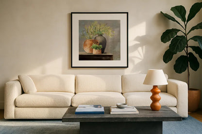 Calm Still Life I Rich by Julia Purinton. Displayed in a glass frame with matte in a clean modern living room. Available as an archival giclee rolled canvas, fine art paper, or poster print. SKU 81971a.