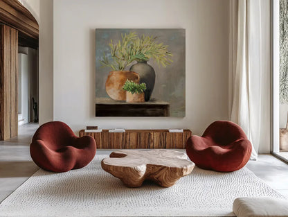 Calm Still Life I Rich by Julia Purinton. Shown as extra-large giant wall art in a modern living room. Available as an archival giclee rolled canvas, fine art paper, or poster print. SKU 81971a.