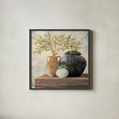 Calm Still Life II by Julia Purinton. Shown in a sleek black glass frame for a contemporary gallery look. Available as an archival giclee rolled canvas, fine art paper, or poster print. SKU 81168a.