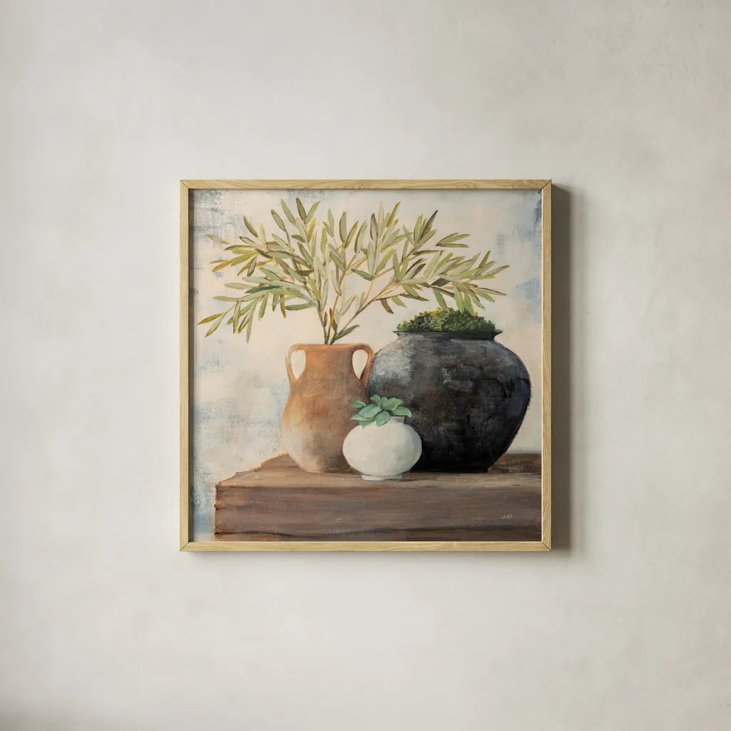 Calm Still Life II by Julia Purinton. Shown in a natural wood glass frame for a timeless modern aesthetic. Available as an archival giclee rolled canvas, fine art paper, or poster print. SKU 81168a.