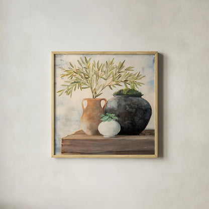Calm Still Life II by Julia Purinton. Shown in a natural wood glass frame for a timeless modern aesthetic. Available as an archival giclee rolled canvas, fine art paper, or poster print. SKU 81168a.