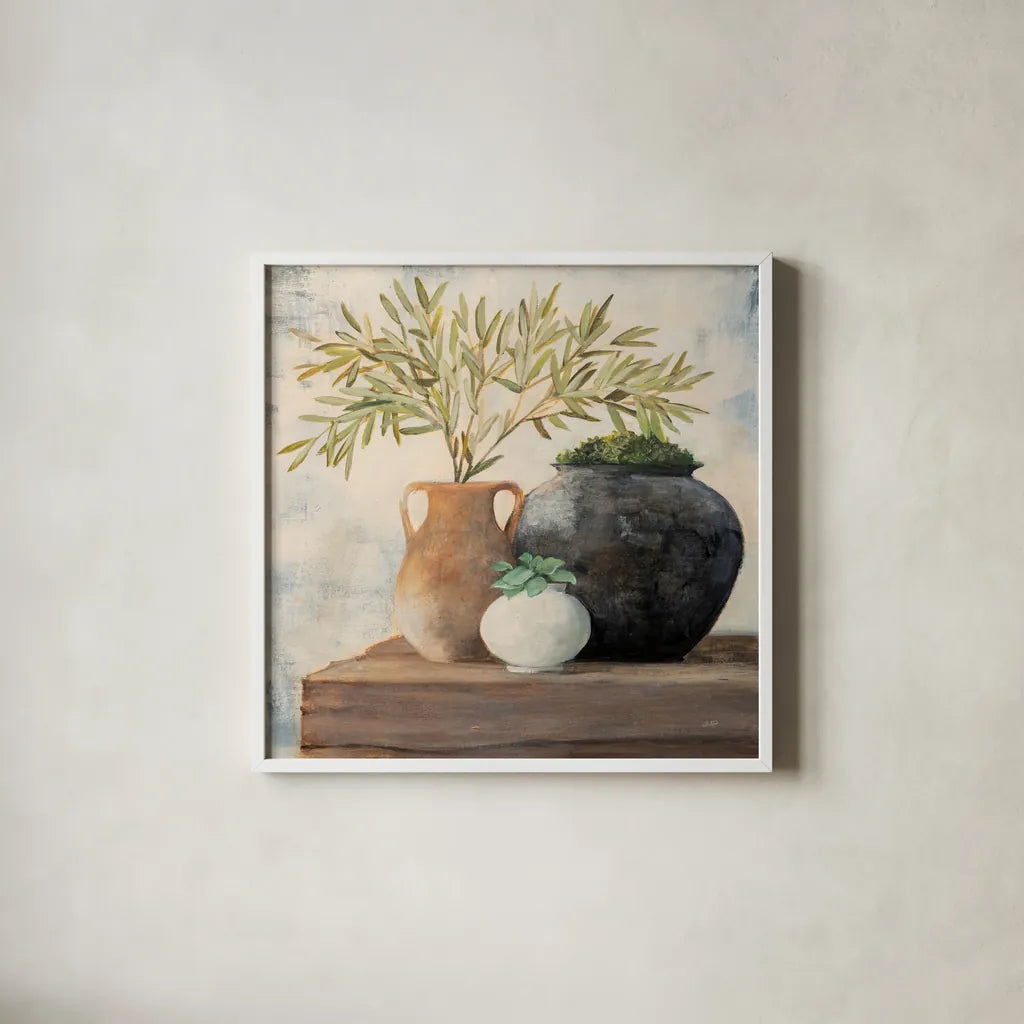Calm Still Life II by Julia Purinton. Shown in a crisp white glass frame for a clean and minimalist style. Available as an archival giclee rolled canvas, fine art paper, or poster print. SKU 81168a.