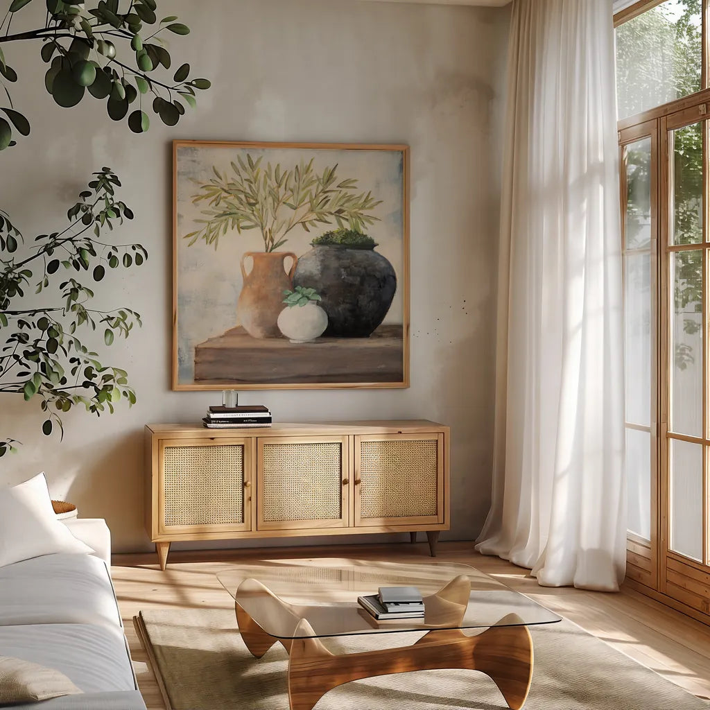 Calm Still Life II by Julia Purinton. Shown in a natural wood frame in a cozy modern living room. Available as an archival giclee rolled canvas, fine art paper, or poster print. SKU 81168a.