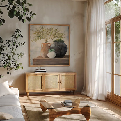 Calm Still Life II by Julia Purinton. Shown in a natural wood frame in a cozy modern living room. Available as an archival giclee rolled canvas, fine art paper, or poster print. SKU 81168a.