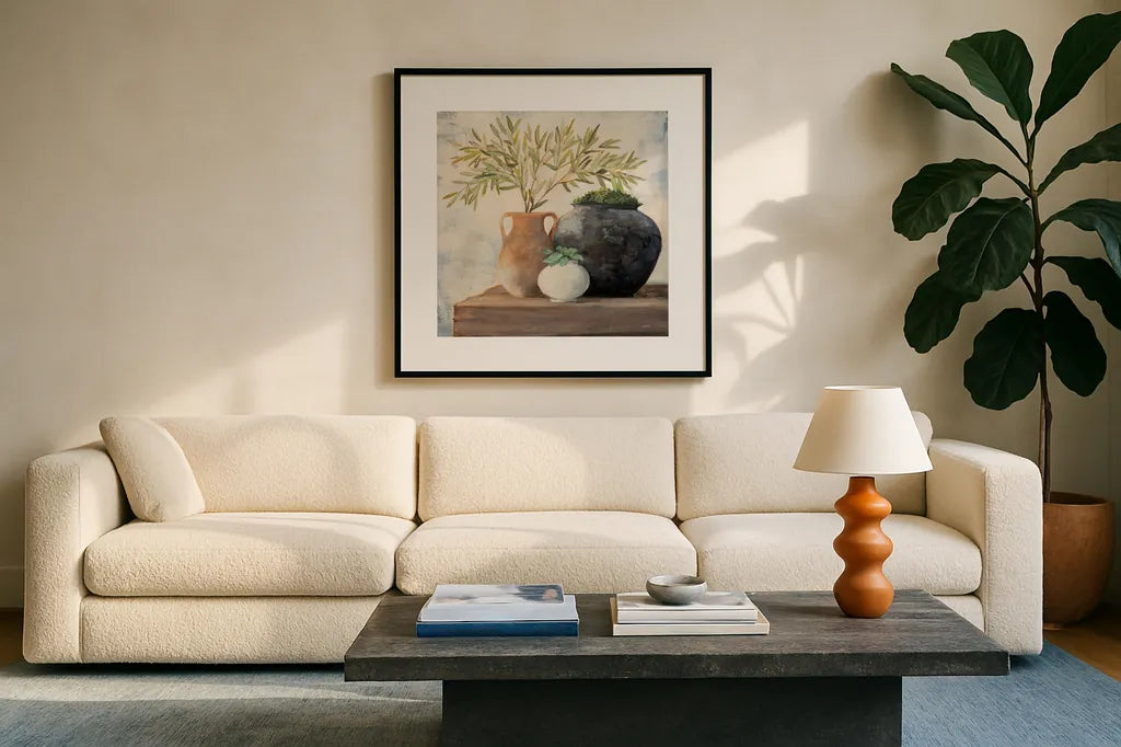 Calm Still Life II by Julia Purinton. Displayed in a glass frame with matte in a clean modern living room. Available as an archival giclee rolled canvas, fine art paper, or poster print. SKU 81168a.