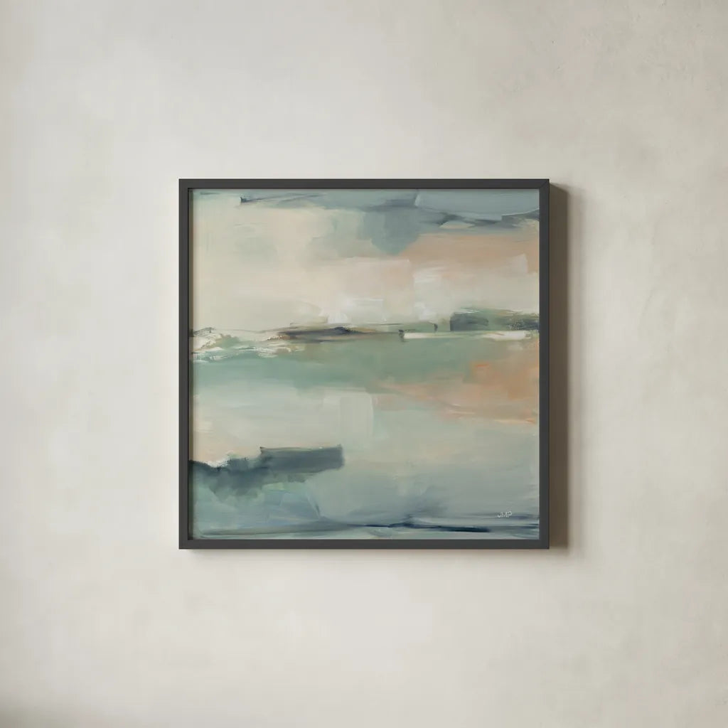 Calm Waters by Julia Purinton. Shown in a sleek black glass frame for a contemporary gallery look. Available as an archival giclee rolled canvas, fine art paper, or poster print. SKU 81289a.
