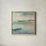 Calm Waters by Julia Purinton. Shown in a natural wood glass frame for a timeless modern aesthetic. Available as an archival giclee rolled canvas, fine art paper, or poster print. SKU 81289a.