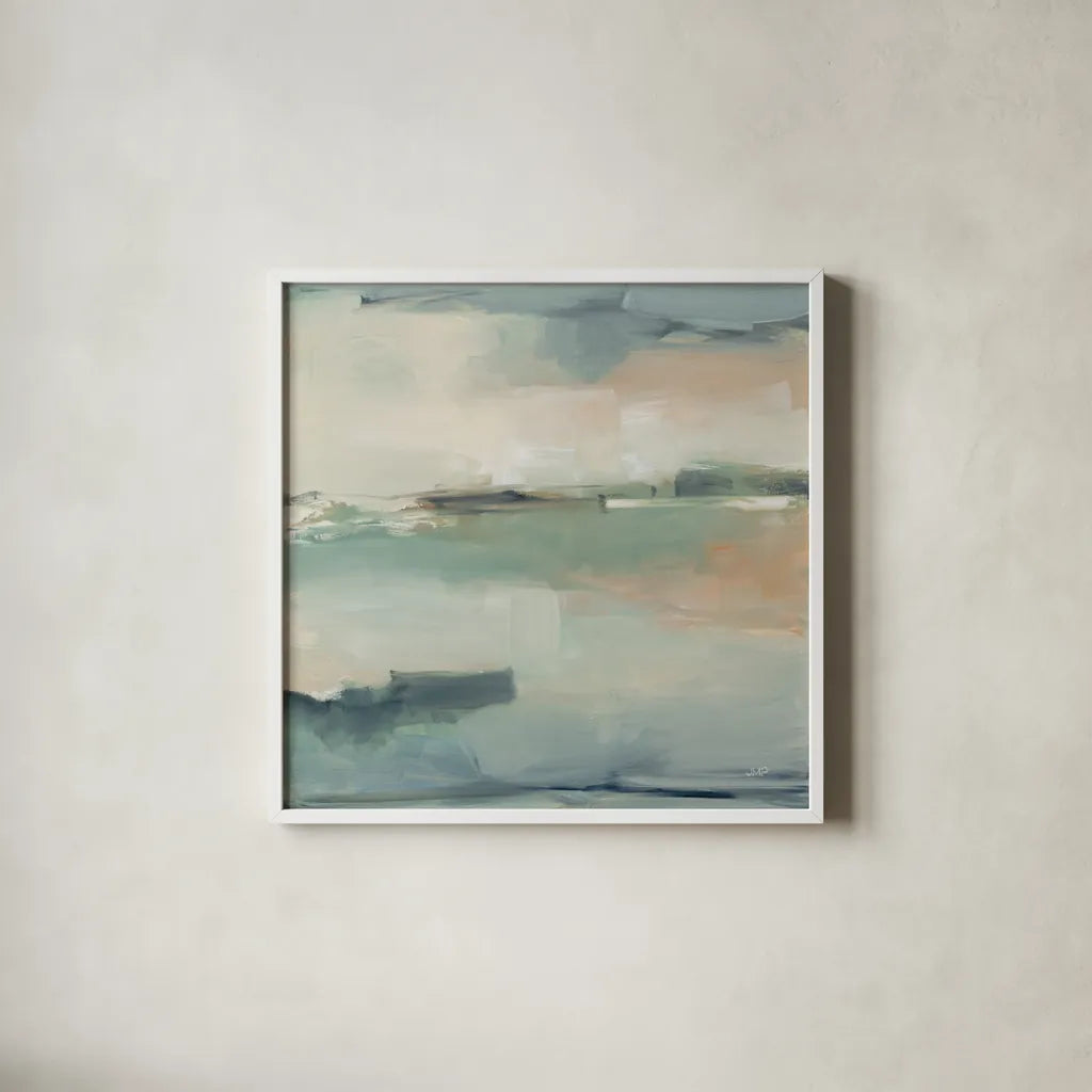 Calm Waters by Julia Purinton. Shown in a crisp white glass frame for a clean and minimalist style. Available as an archival giclee rolled canvas, fine art paper, or poster print. SKU 81289a.
