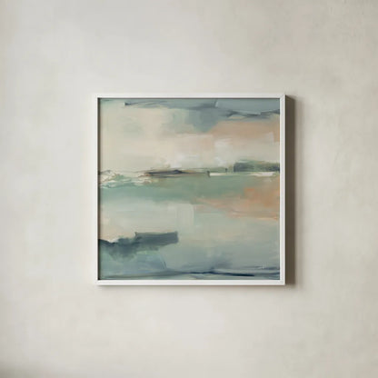 Calm Waters by Julia Purinton. Shown in a crisp white glass frame for a clean and minimalist style. Available as an archival giclee rolled canvas, fine art paper, or poster print. SKU 81289a.