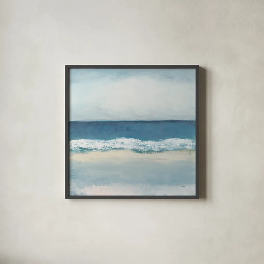 Calming Coast by Julia Purinton. Shown in a sleek black glass frame for a contemporary gallery look. Available as an archival giclee rolled canvas, fine art paper, or poster print. SKU 86695a.