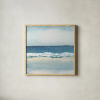 Calming Coast by Julia Purinton. Shown in a natural wood glass frame for a timeless modern aesthetic. Available as an archival giclee rolled canvas, fine art paper, or poster print. SKU 86695a.