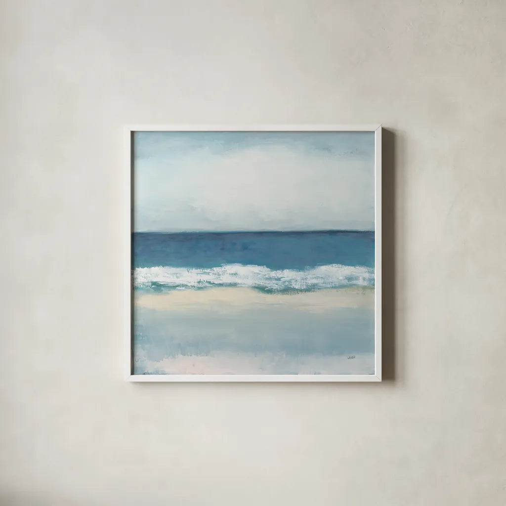 Calming Coast by Julia Purinton. Shown in a crisp white glass frame for a clean and minimalist style. Available as an archival giclee rolled canvas, fine art paper, or poster print. SKU 86695a.