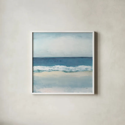 Calming Coast by Julia Purinton. Shown in a crisp white glass frame for a clean and minimalist style. Available as an archival giclee rolled canvas, fine art paper, or poster print. SKU 86695a.
