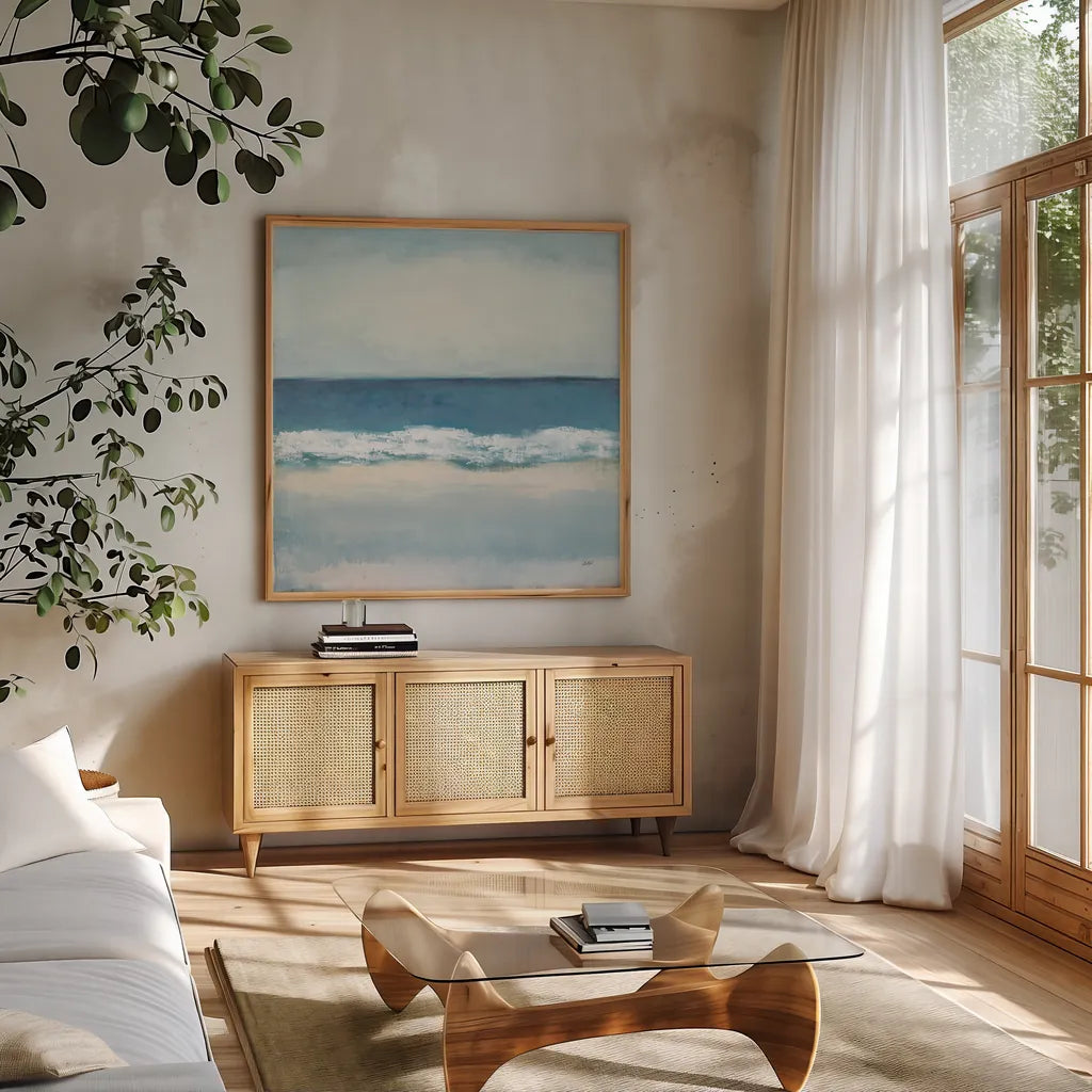 Calming Coast by Julia Purinton. Shown in a natural wood frame in a cozy modern living room. Available as an archival giclee rolled canvas, fine art paper, or poster print. SKU 86695a.