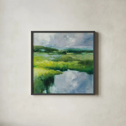 Causeway by Julia Purinton. Shown in a sleek black glass frame for a contemporary gallery look. Available as an archival giclee rolled canvas, fine art paper, or poster print. SKU 82634a.
