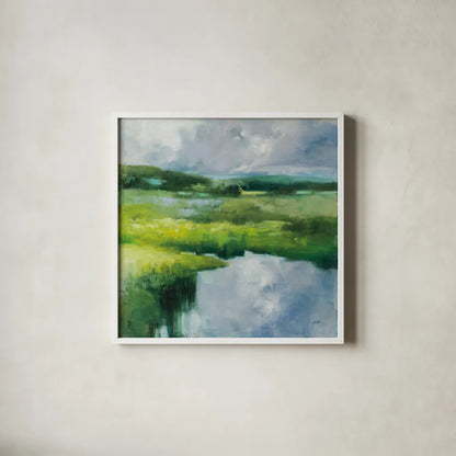 Causeway by Julia Purinton. Shown in a crisp white glass frame for a clean and minimalist style. Available as an archival giclee rolled canvas, fine art paper, or poster print. SKU 82634a.