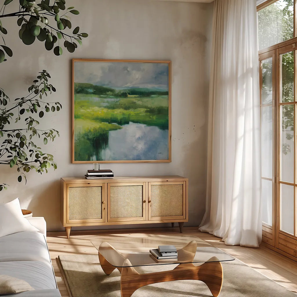 Causeway by Julia Purinton. Shown in a natural wood frame in a cozy modern living room. Available as an archival giclee rolled canvas, fine art paper, or poster print. SKU 82634a.