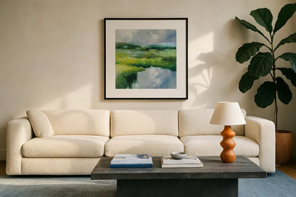 Causeway by Julia Purinton. Displayed in a glass frame with matte in a clean modern living room. Available as an archival giclee rolled canvas, fine art paper, or poster print. SKU 82634a.