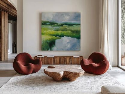 Causeway by Julia Purinton. Shown as extra-large giant wall art in a modern living room. Available as an archival giclee rolled canvas, fine art paper, or poster print. SKU 82634a.