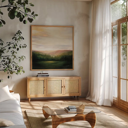 Celebration by Julia Purinton. Shown in a natural wood frame in a cozy modern living room. Available as an archival giclee rolled canvas, fine art paper, or poster print. SKU 33429a.