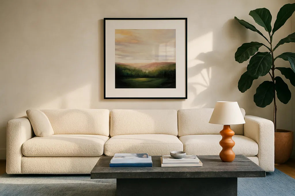 Celebration by Julia Purinton. Displayed in a glass frame with matte in a clean modern living room. Available as an archival giclee rolled canvas, fine art paper, or poster print. SKU 33429a.