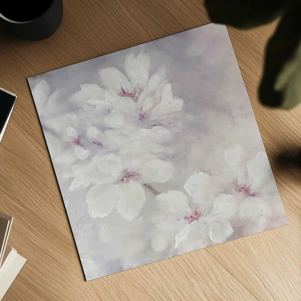 Cherry Blossoms Square by Julia Purinton. Shown as a detailed flat fine art print, highlighting archival giclee quality. Available as an archival giclee rolled canvas, fine art paper, or poster print. SKU 31783a.