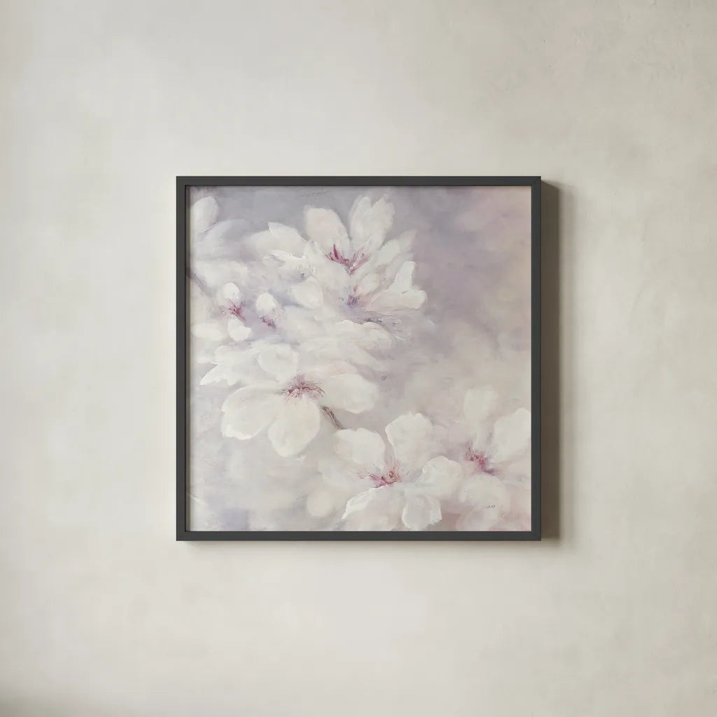 Cherry Blossoms Square by Julia Purinton. Shown in a sleek black glass frame for a contemporary gallery look. Available as an archival giclee rolled canvas, fine art paper, or poster print. SKU 31783a.