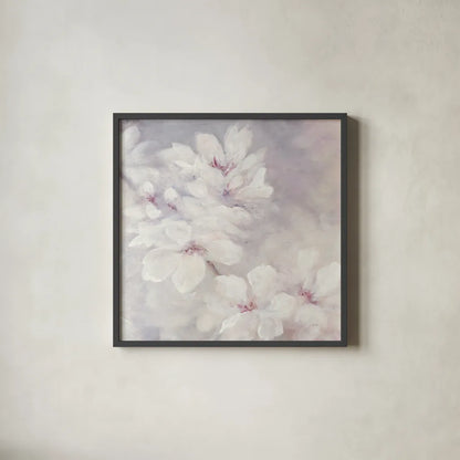 Cherry Blossoms Square by Julia Purinton. Shown in a sleek black glass frame for a contemporary gallery look. Available as an archival giclee rolled canvas, fine art paper, or poster print. SKU 31783a.