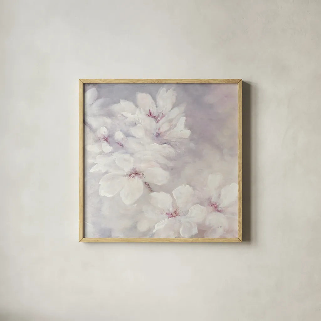 Cherry Blossoms Square by Julia Purinton. Shown in a natural wood glass frame for a timeless modern aesthetic. Available as an archival giclee rolled canvas, fine art paper, or poster print. SKU 31783a.