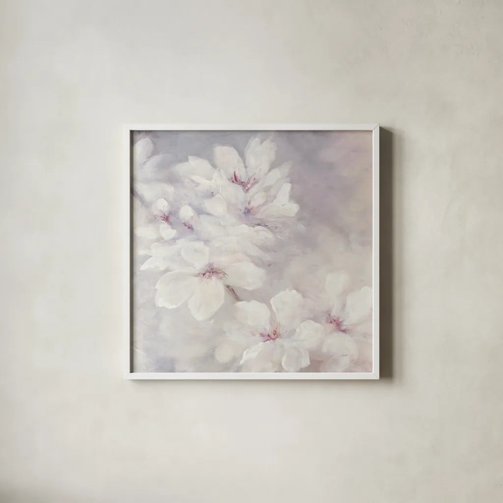 Cherry Blossoms Square by Julia Purinton. Shown in a crisp white glass frame for a clean and minimalist style. Available as an archival giclee rolled canvas, fine art paper, or poster print. SKU 31783a.