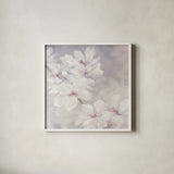 Cherry Blossoms Square by Julia Purinton. Shown in a crisp white glass frame for a clean and minimalist style. Available as an archival giclee rolled canvas, fine art paper, or poster print. SKU 31783a.