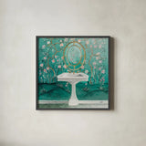 Chinoiserie Bath I Sq by Julia Purinton. Shown in a sleek black glass frame for a contemporary gallery look. Available as an archival giclee rolled canvas, fine art paper, or poster print. SKU 83846a.