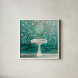 Chinoiserie Bath I Sq by Julia Purinton. Shown in a crisp white glass frame for a clean and minimalist style. Available as an archival giclee rolled canvas, fine art paper, or poster print. SKU 83846a.
