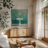 Chinoiserie Bath I Sq by Julia Purinton. Shown in a natural wood frame in a cozy modern living room. Available as an archival giclee rolled canvas, fine art paper, or poster print. SKU 83846a.